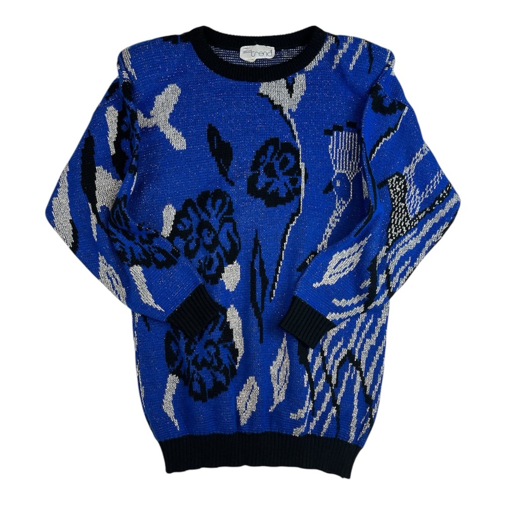Vintage Royal Blue Pull Over Sweater, Black & Silver Abstract Floral Pattern
